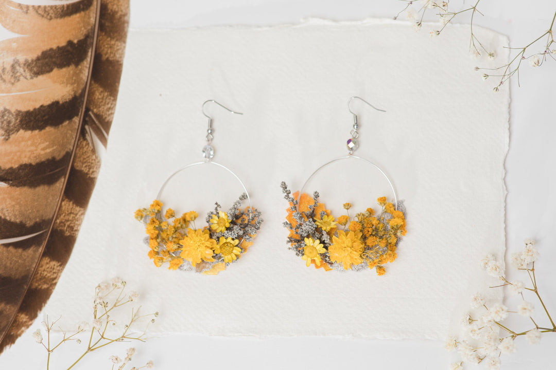 Yellow Flower Circle Earrings: Handmade Floral Dangle Earrings – handmade floral hair accessory by magaela