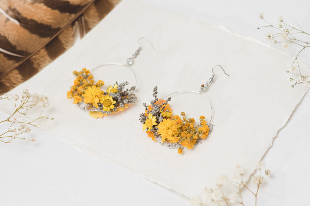 Yellow Flower Circle Earrings: Handmade Floral Dangle Earrings – handmade floral hair accessory by magaela