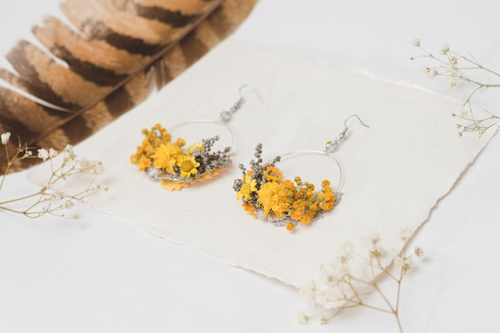 Yellow Flower Circle Earrings: Handmade Floral Dangle Earrings – handmade floral hair accessory by magaela