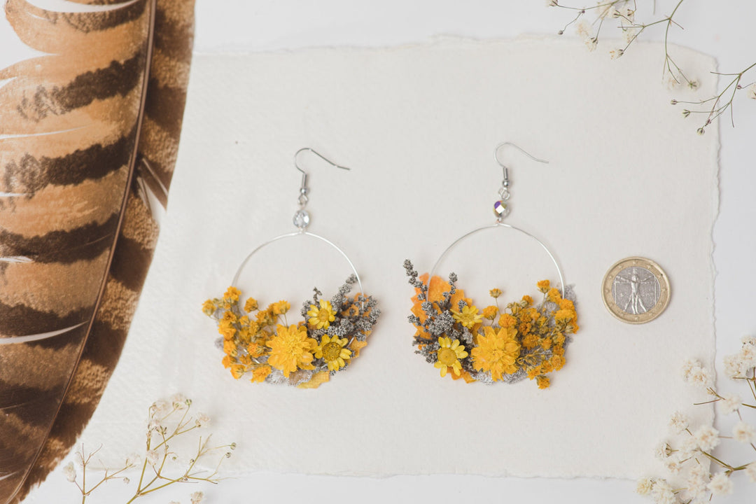 Yellow Flower Circle Earrings: Handmade Floral Dangle Earrings – handmade floral hair accessory by magaela