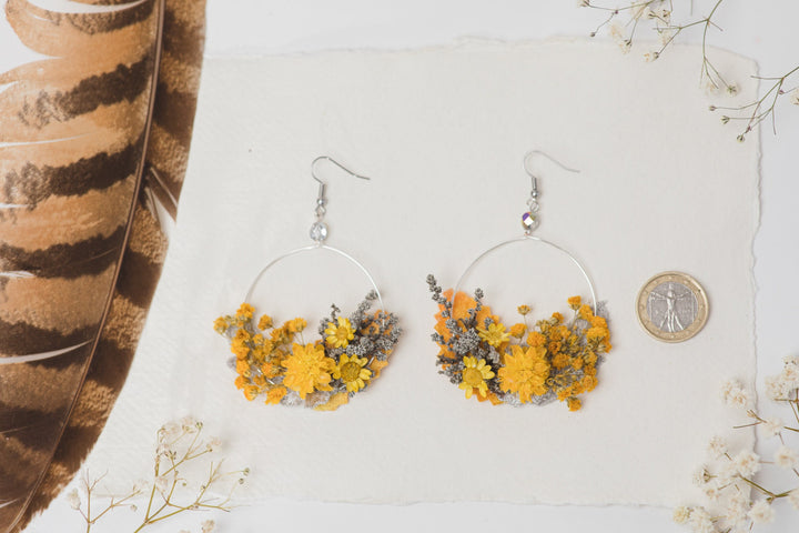 Yellow Flower Circle Earrings: Handmade Floral Dangle Earrings – handmade floral hair accessory by magaela