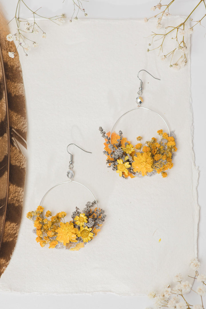 Yellow Flower Circle Earrings: Handmade Floral Dangle Earrings – handmade floral hair accessory by magaela