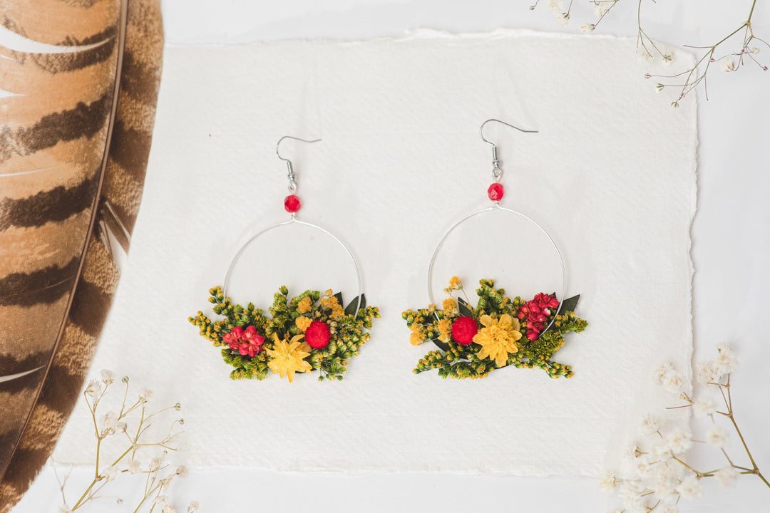 Floral Circle Dangle Earrings: Handmade Preserved Flower Jewelry – handmade floral hair accessory by magaela