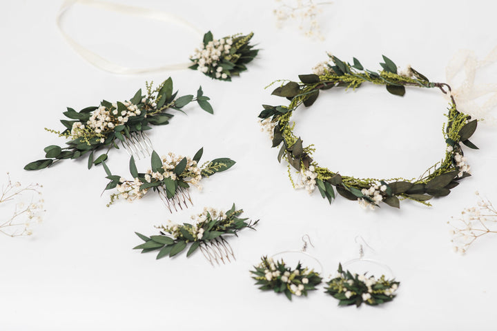 Greenery Wedding Hair Accessory Set: Flower Wreath, Bracelet & Comb – handmade floral hair accessory by magaela
