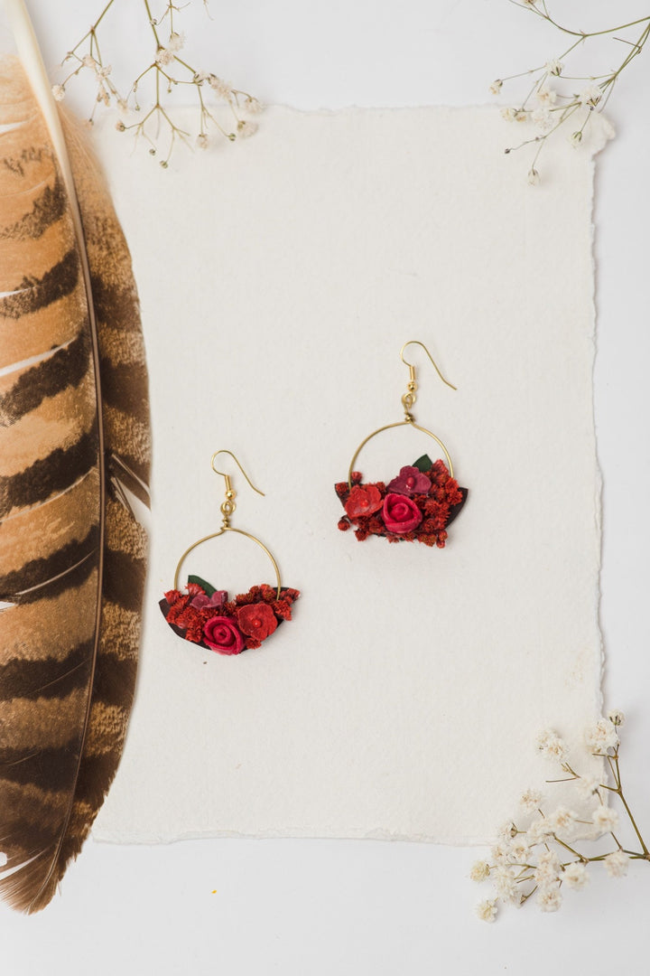 Red Flower Hoop Earrings: Bridal Gold, Surgical Steel Hook – handmade floral hair accessory by magaela