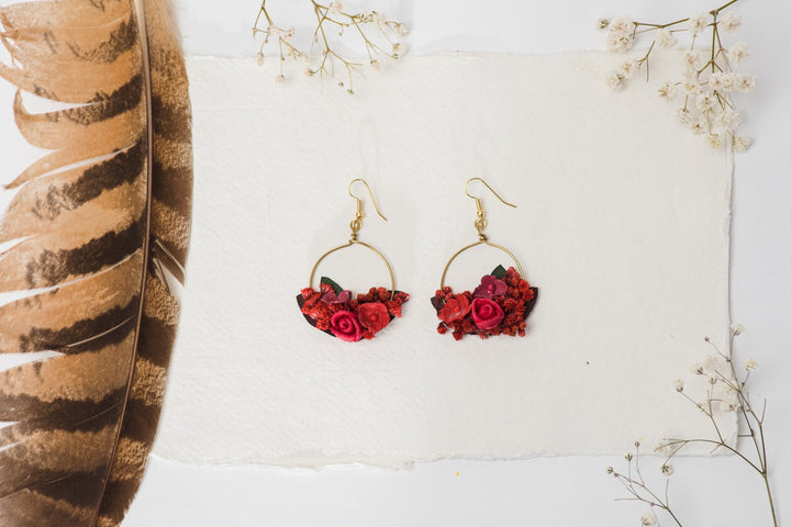 Red Flower Hoop Earrings: Bridal Gold, Surgical Steel Hook – handmade floral hair accessory by magaela