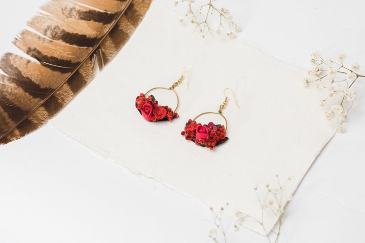 Red Flower Hoop Earrings: Bridal Gold, Surgical Steel Hook – handmade floral hair accessory by magaela
