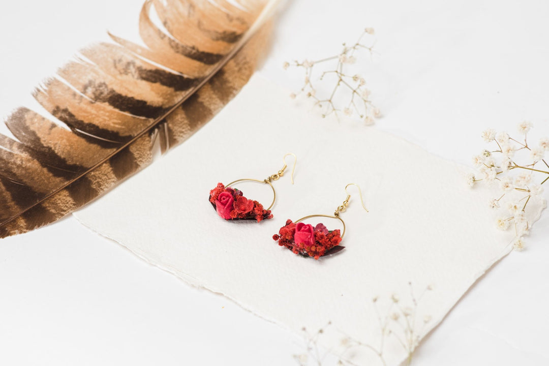 Red Flower Hoop Earrings: Bridal Gold, Surgical Steel Hook – handmade floral hair accessory by magaela