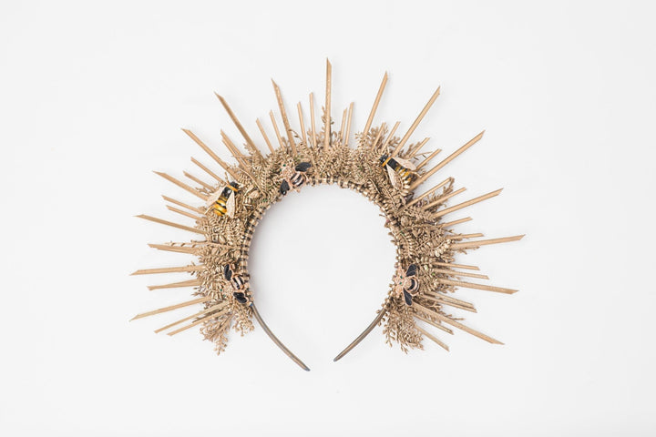 Golden Spiked Halo Crown: Wedding Sunburst Flower Hair Accessory – handmade floral hair accessory by magaela