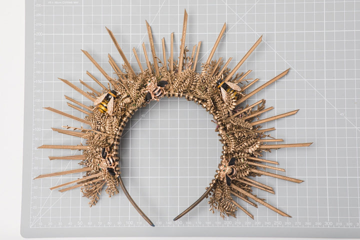 Golden Spiked Halo Crown: Wedding Sunburst Flower Hair Accessory – handmade floral hair accessory by magaela