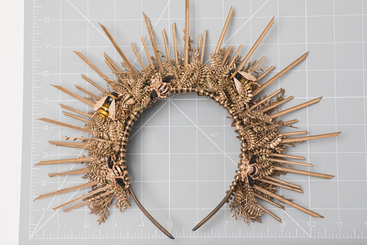 Golden Spiked Halo Crown: Wedding Sunburst Flower Hair Accessory – handmade floral hair accessory by magaela