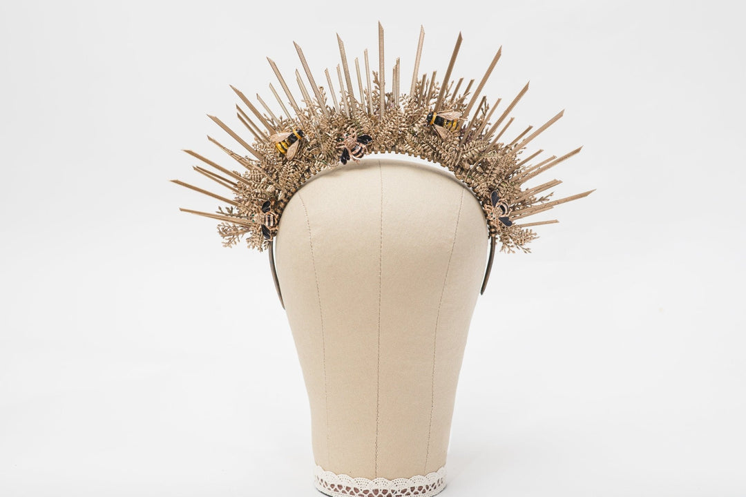 Golden Spiked Halo Crown: Wedding Sunburst Flower Hair Accessory – handmade floral hair accessory by magaela
