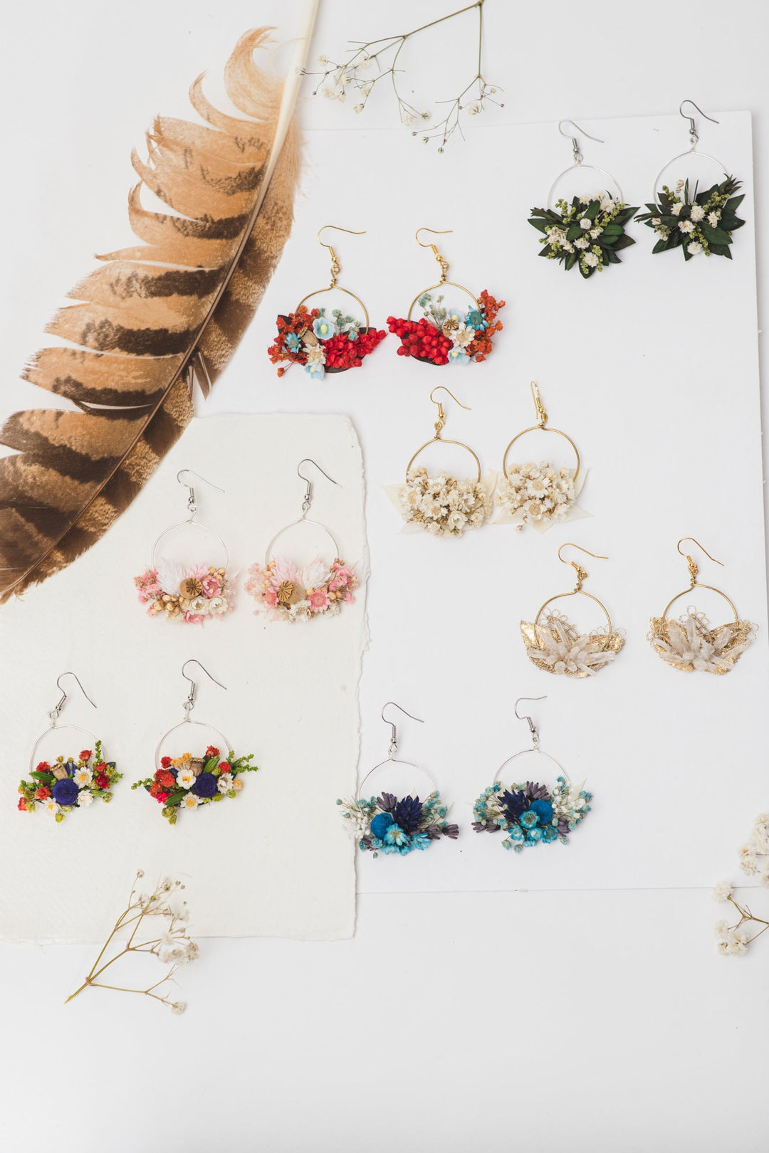 Baby's Breath Flower Earrings: Golden Circle Wedding Jewelry – handmade floral hair accessory by magaela