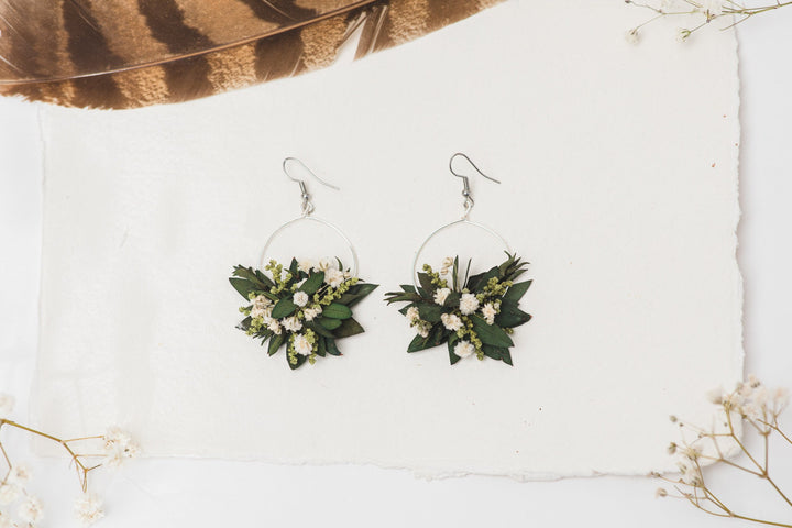 Greenery Circle Dangle Earrings: Baby's Breath, Surgical Steel Hook – handmade floral hair accessory by magaela