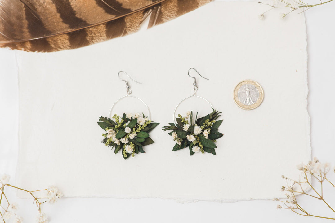 Greenery Circle Dangle Earrings: Baby's Breath, Surgical Steel Hook – handmade floral hair accessory by magaela