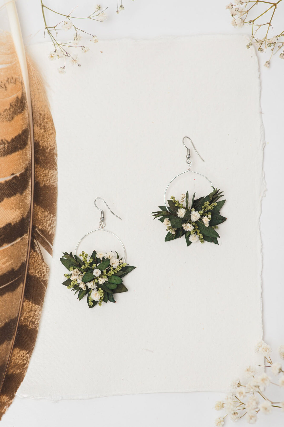 Greenery Circle Dangle Earrings: Baby's Breath, Surgical Steel Hook – handmade floral hair accessory by magaela