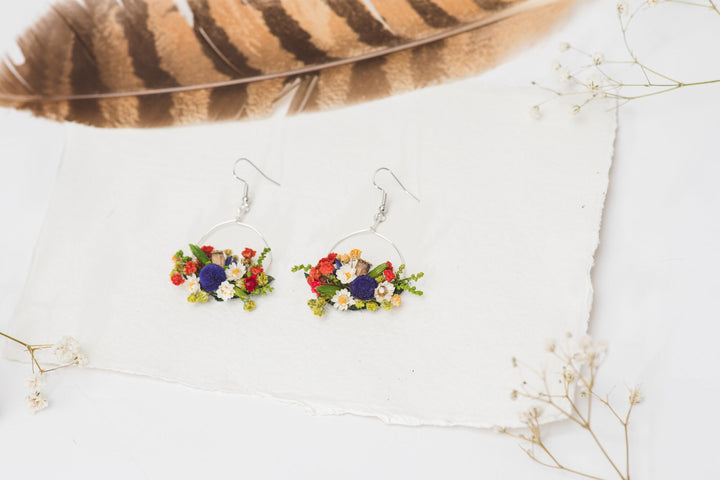 Folk Flower Circle Dangle Earrings: Dried Floral Bridal Jewelry – handmade floral hair accessory by magaela