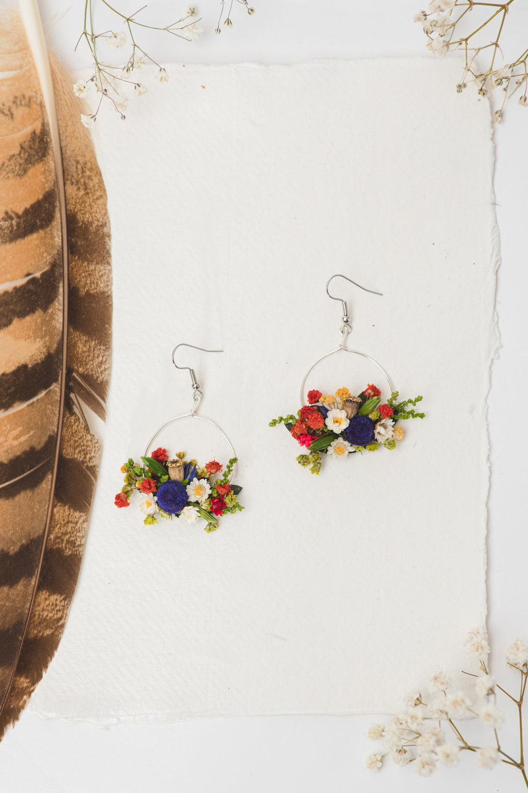 Folk Flower Circle Dangle Earrings: Dried Floral Bridal Jewelry – handmade floral hair accessory by magaela