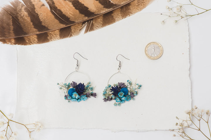 Blue Dried Flower Circle Earrings: Surgical Steel Bridal Jewelry – handmade floral hair accessory by magaela