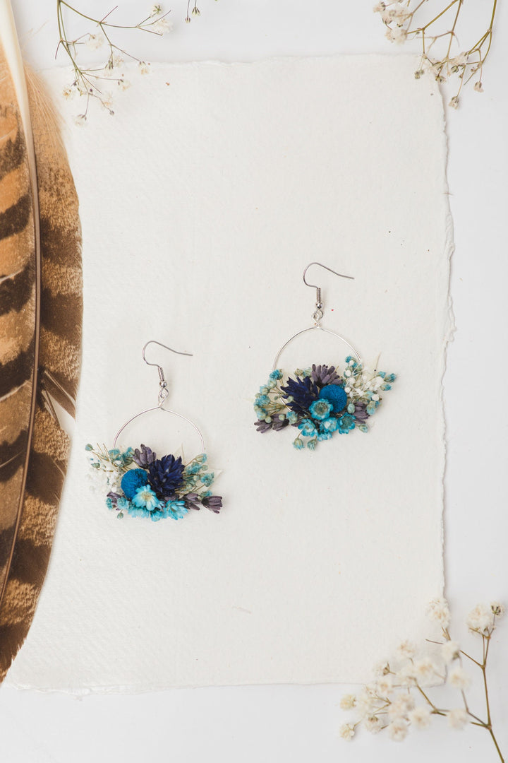 Blue Dried Flower Circle Earrings: Surgical Steel Bridal Jewelry – handmade floral hair accessory by magaela