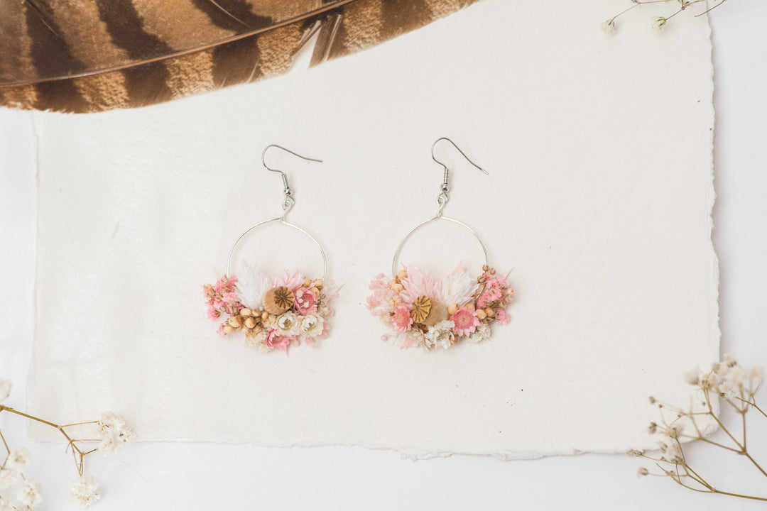 Blush Pink Dried Flower Earrings: Romantic Vintage Surgical Steel Dangle – handmade floral hair accessory by magaela
