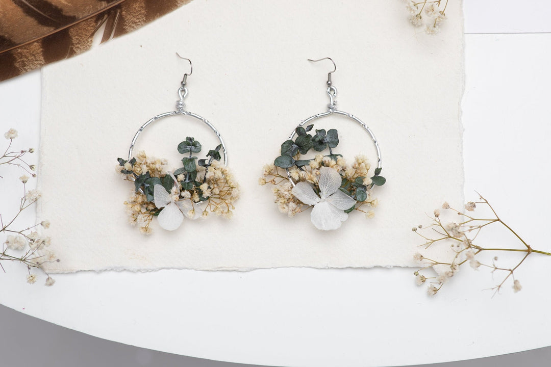 Baby's Breath Circle Dangle Earrings: Surgical Steel Flower Earrings – handmade floral hair accessory by magaela