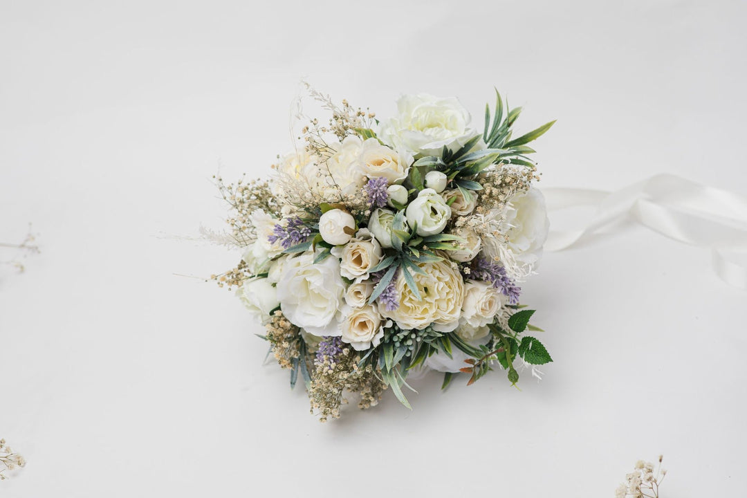 Ivory Wedding Bouquet with Boutonniere: Cream Floral Bridal Accessories – handmade floral hair accessory by magaela