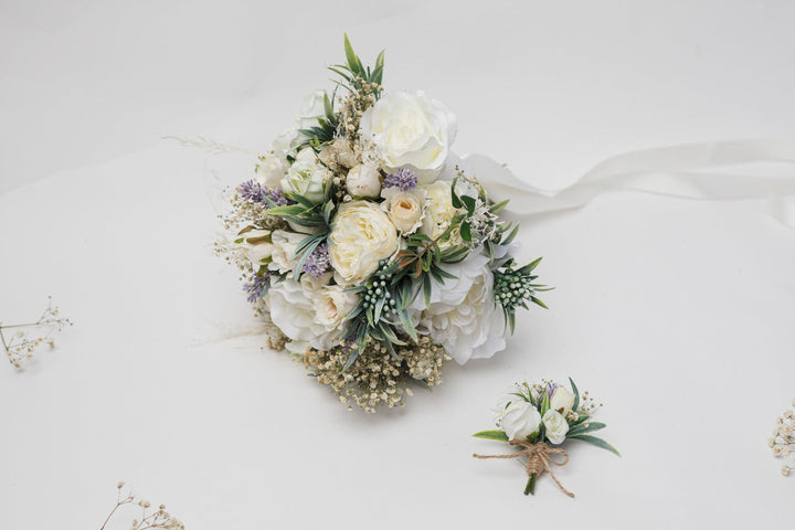 Ivory Wedding Bouquet with Boutonniere: Cream Floral Bridal Accessories – handmade floral hair accessory by magaela