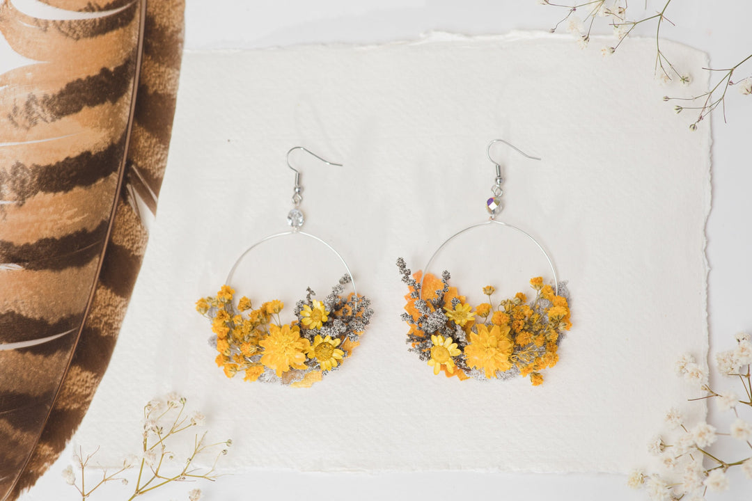 Yellow Flower Circle Earrings: Handmade Floral Dangle Earrings – handmade floral hair accessory by magaela
