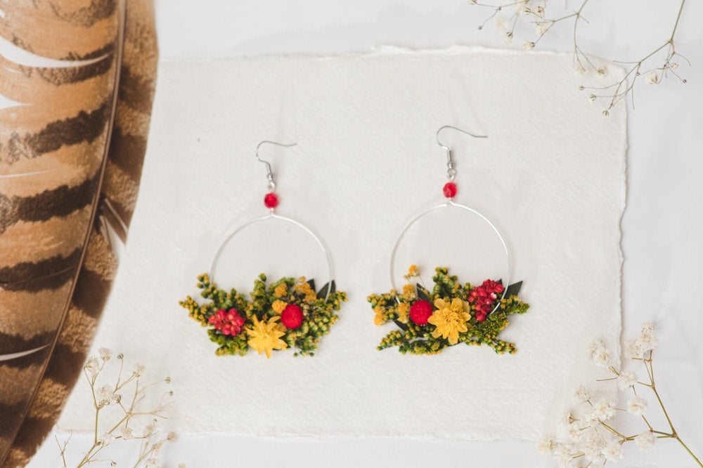 Floral Circle Dangle Earrings: Handmade Preserved Flower Jewelry – handmade floral hair accessory by magaela