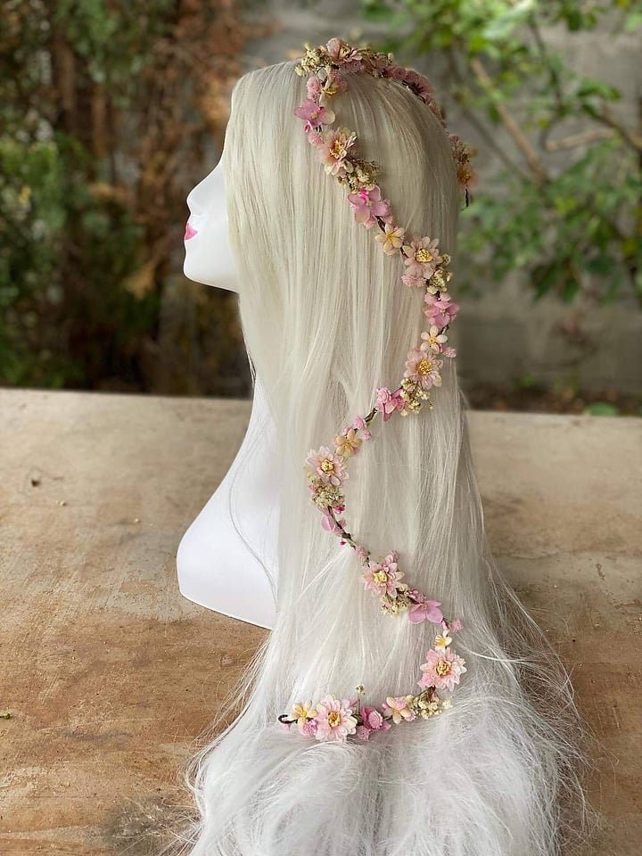 Customizable Pink Cherry Blossom Wedding Hair Garland – handmade floral hair accessory by magaela