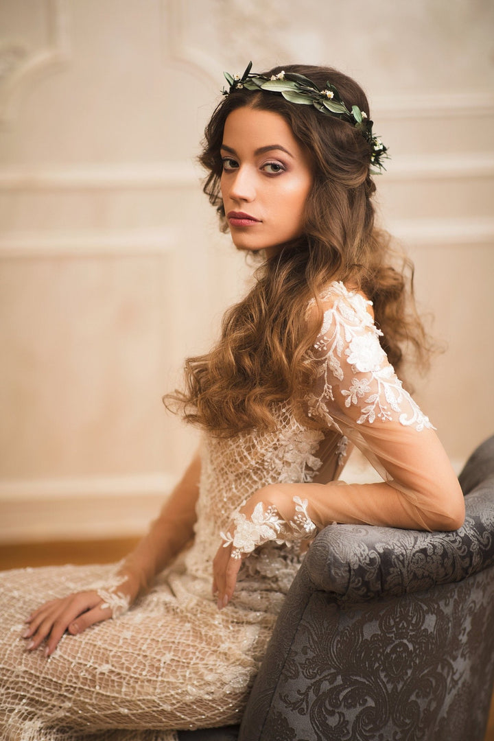 Boho Wedding Hair Comb and Wreath: Olive Leaf Greenery Set – handmade floral hair accessory by magaela