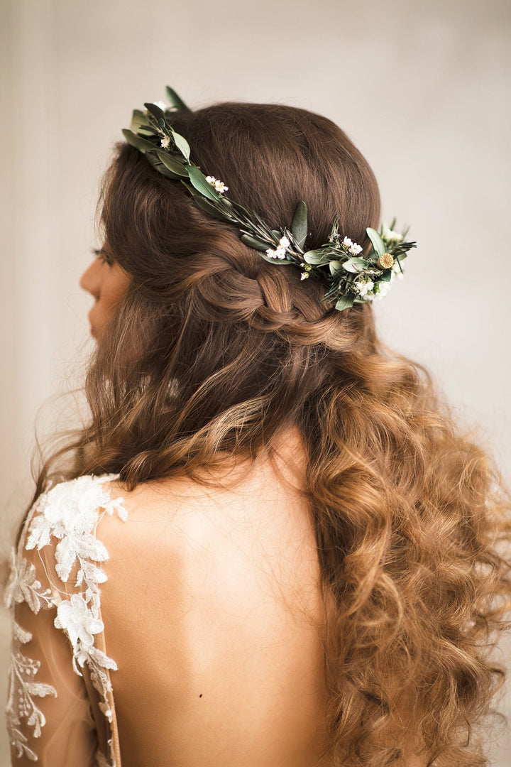 Boho Wedding Hair Comb and Wreath: Olive Leaf Greenery Set – handmade floral hair accessory by magaela