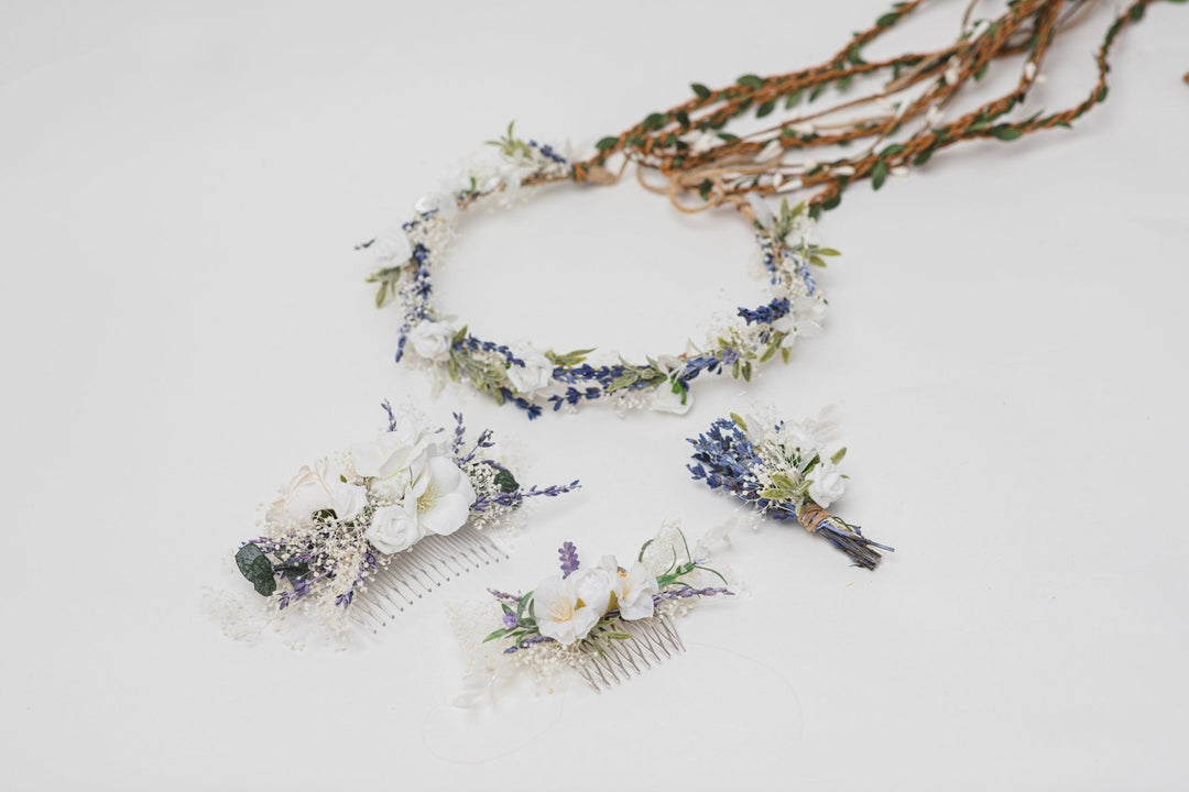 Lavender Bridal Flower Set: Hair Crown, Boutonniere, Hair Combs – handmade floral hair accessory by magaela