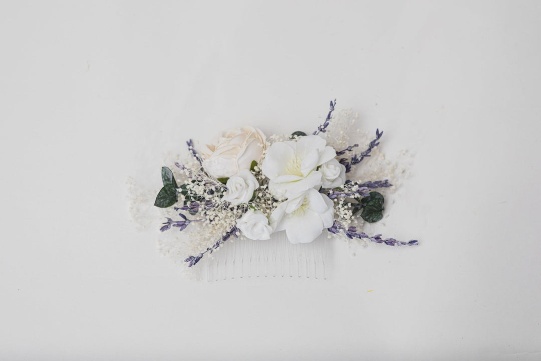 Lavender Bridal Flower Set: Hair Crown, Boutonniere, Hair Combs – handmade floral hair accessory by magaela
