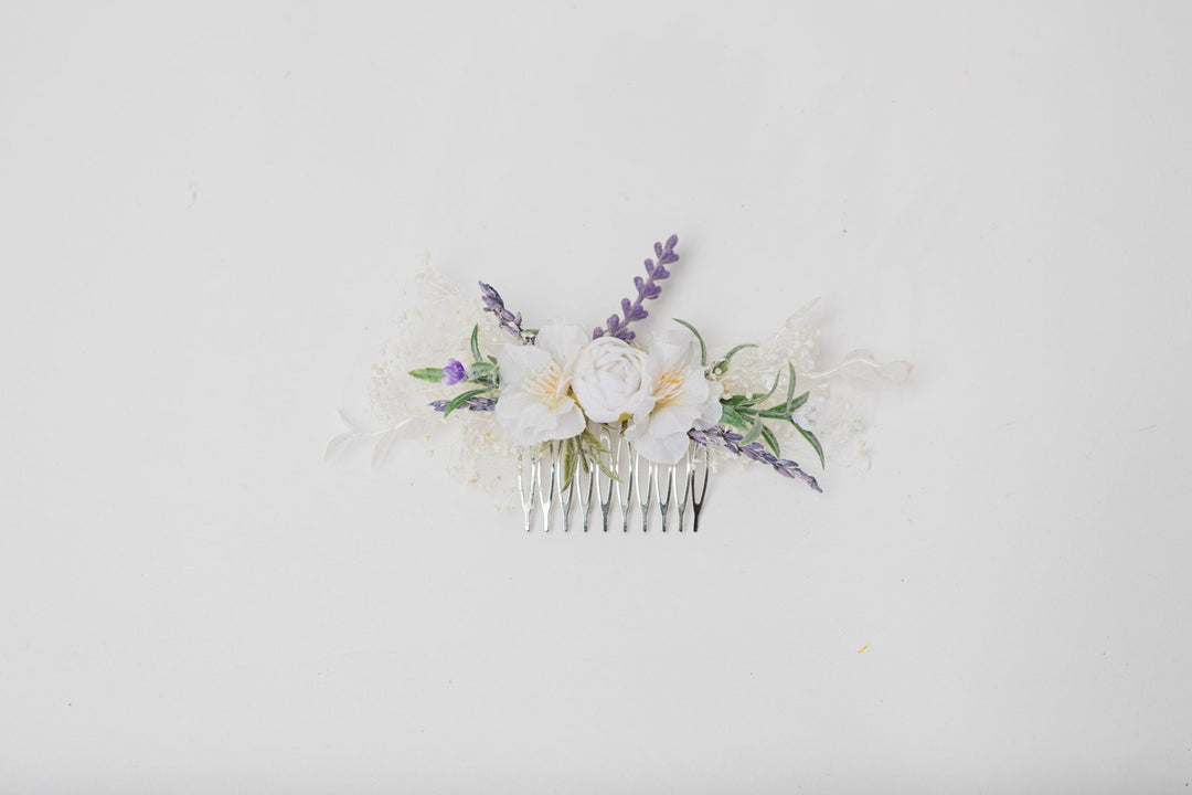 Lavender Bridal Flower Set: Hair Crown, Boutonniere, Hair Combs – handmade floral hair accessory by magaela