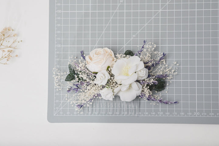 Lavender Bridal Flower Set: Hair Crown, Boutonniere, Hair Combs – handmade floral hair accessory by magaela