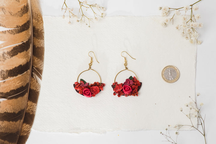 Red Flower Hoop Earrings: Bridal Gold, Surgical Steel Hook – handmade floral hair accessory by magaela