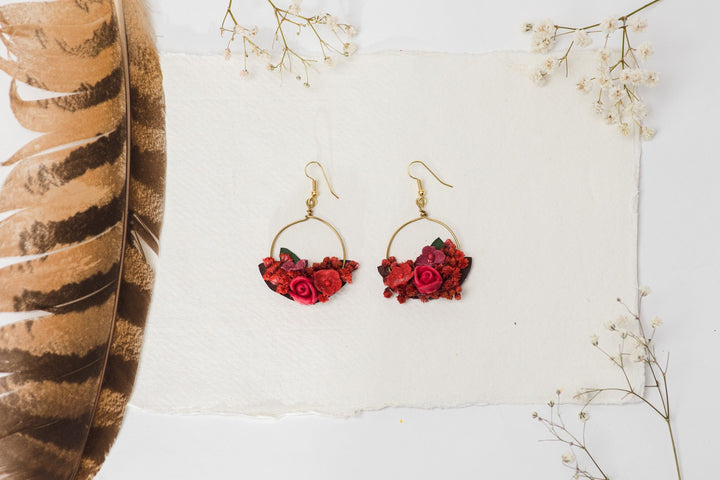 Red Flower Hoop Earrings: Bridal Gold, Surgical Steel Hook – handmade floral hair accessory by magaela