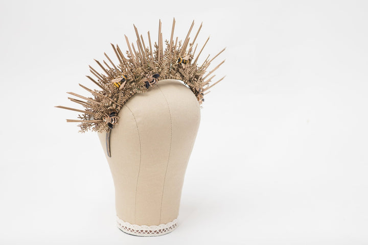 Golden Spiked Halo Crown: Wedding Sunburst Flower Hair Accessory – handmade floral hair accessory by magaela