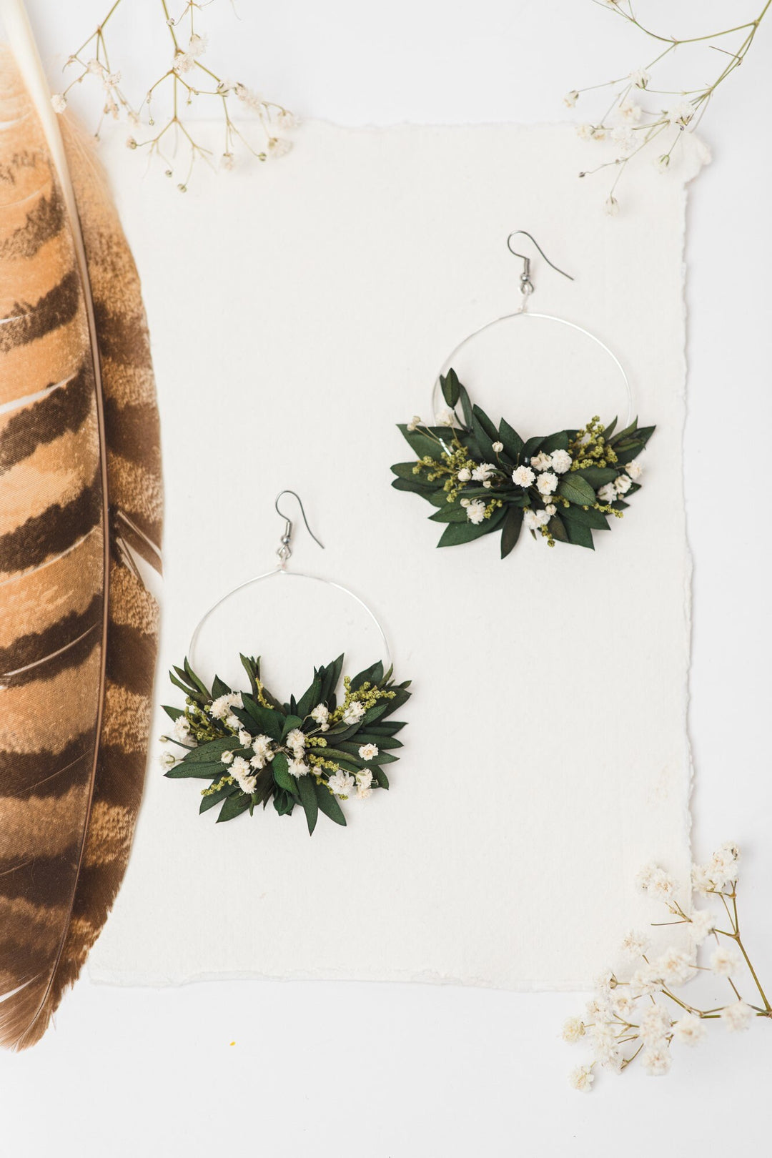 Greenery Circle Dangle Earrings: Baby's Breath, Surgical Steel Hook – handmade floral hair accessory by magaela