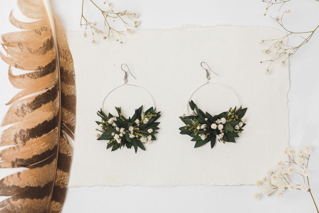 Greenery Circle Dangle Earrings: Baby's Breath, Surgical Steel Hook – handmade floral hair accessory by magaela