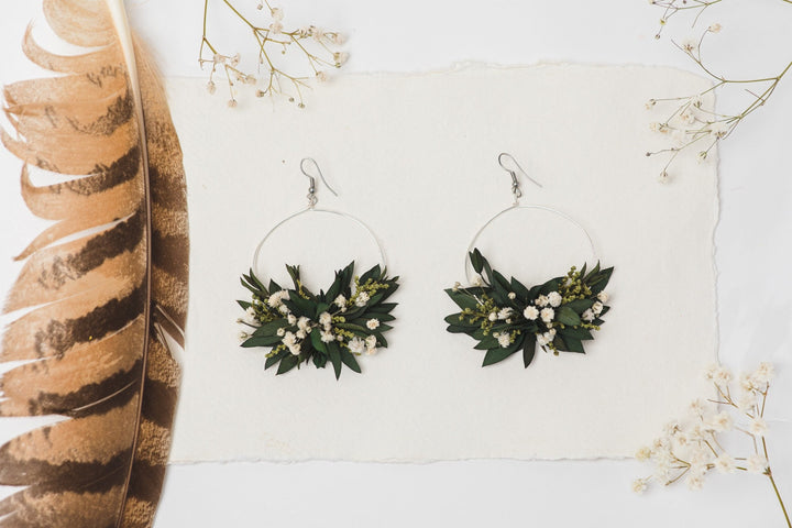 Greenery Circle Dangle Earrings: Baby's Breath, Surgical Steel Hook – handmade floral hair accessory by magaela