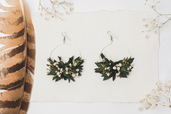 Greenery Circle Dangle Earrings: Baby's Breath, Surgical Steel Hook – handmade floral hair accessory by magaela