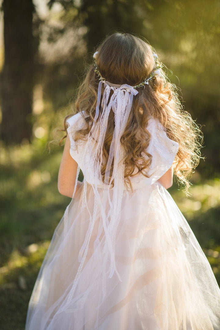 White Flower Girl Headpiece: Holy Communion Hair Wreath with Veil – handmade floral hair accessory by magaela