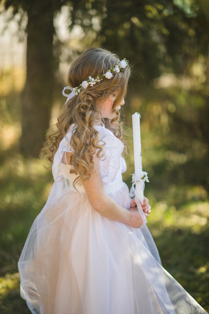 White Flower Girl Headpiece: Holy Communion Hair Wreath with Veil – handmade floral hair accessory by magaela