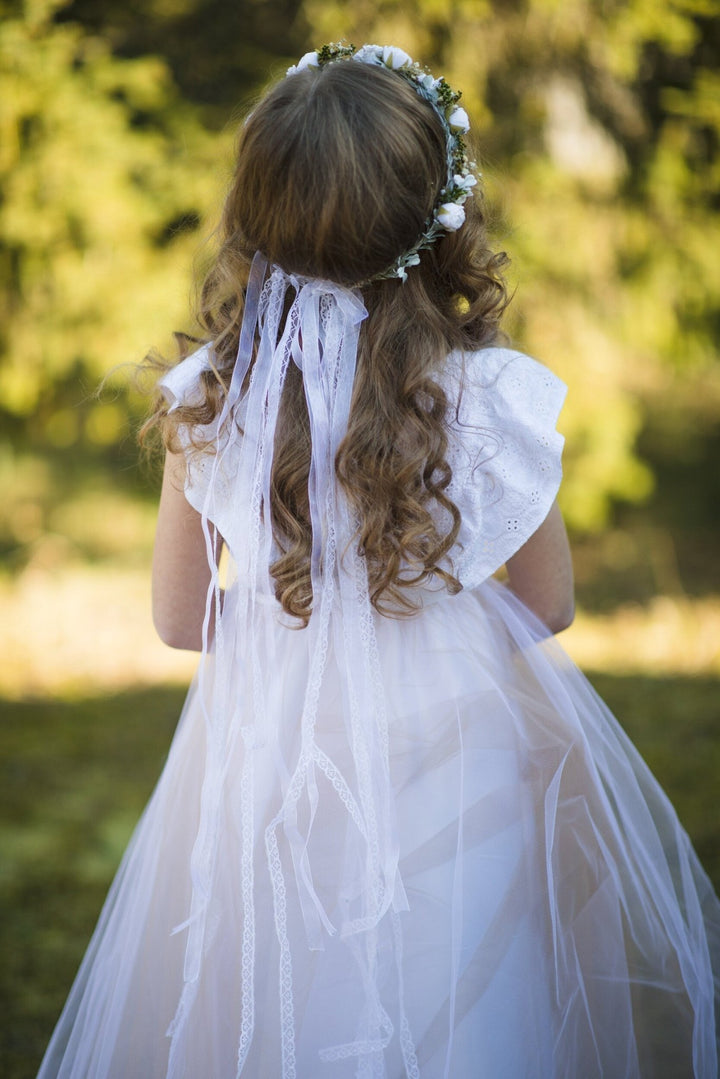 White Flower Girl Headpiece: Holy Communion Hair Wreath with Veil – handmade floral hair accessory by magaela