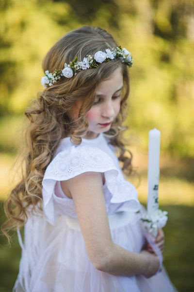 White Flower Girl Headpiece: Holy Communion Hair Wreath with Veil – handmade floral hair accessory by magaela