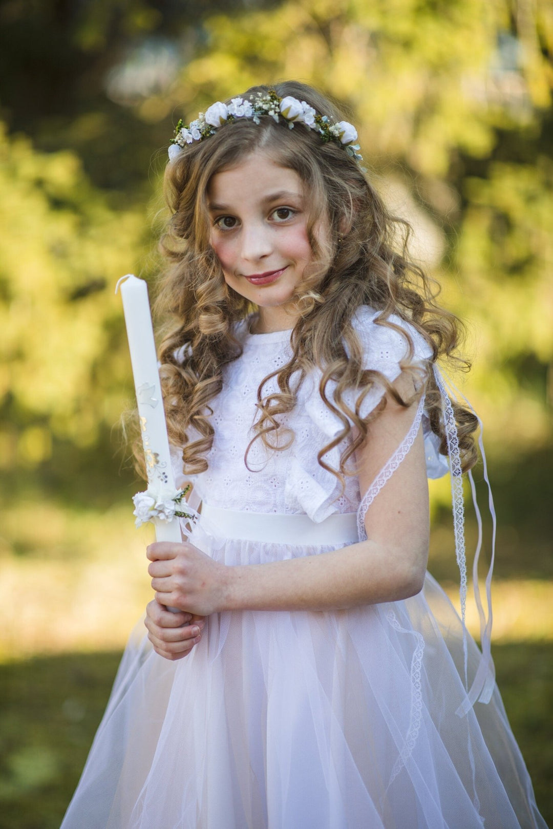 White Peony Communion Candle Decoration: Floral Wreath – handmade floral hair accessory by magaela