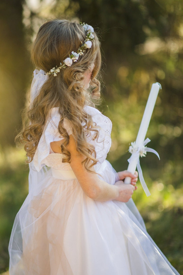White Peony Communion Candle Decoration: Floral Wreath – handmade floral hair accessory by magaela